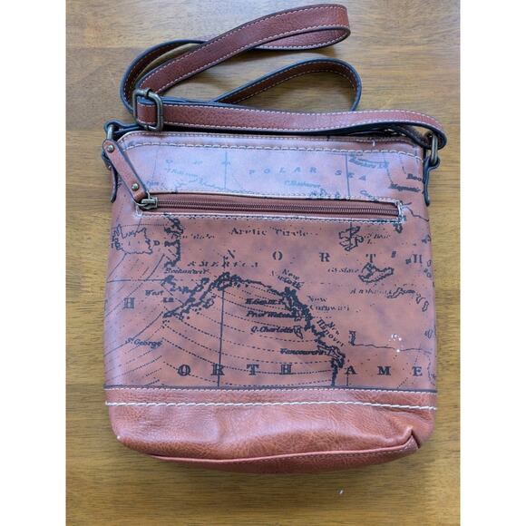 BOC Map Print Faux Leather Crossbody Bag Travel Vintage 90s Adjustable Strap - Picture 4 of 8